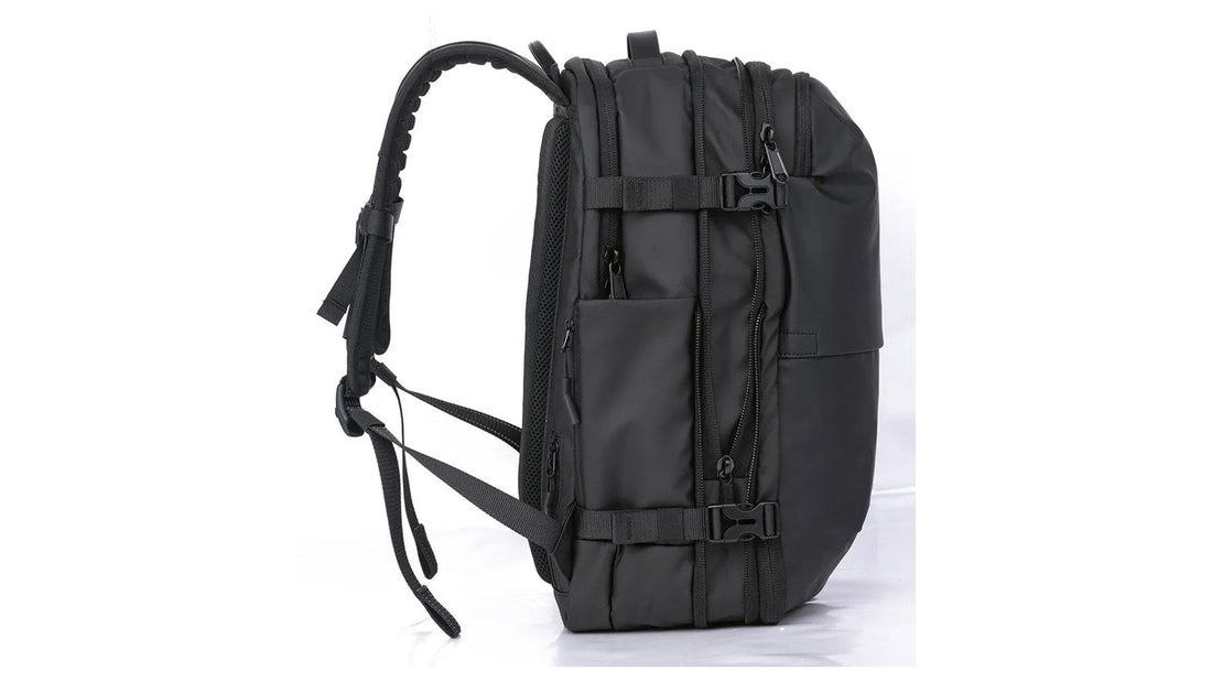 Side view of the Airbag Lite carry-on backpack showing its expandable depth